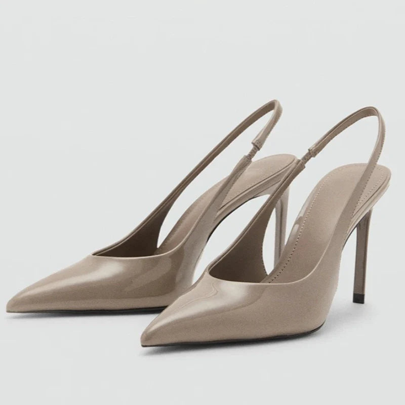 Brown Satin Slingback Pumps Pointed Toe Stiletto High Heel
