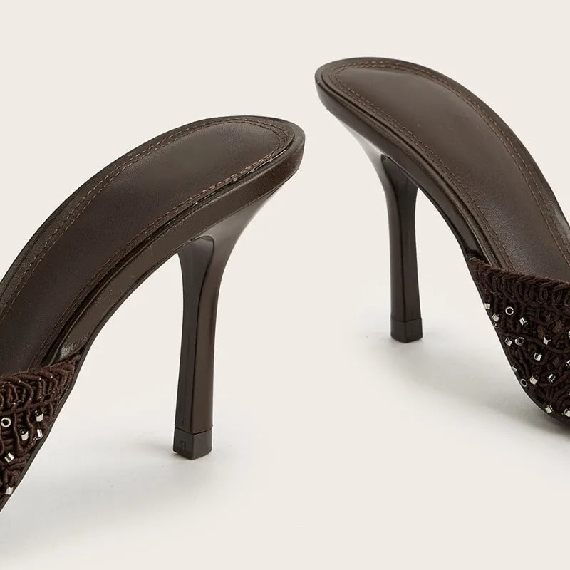 Brown Woven Mesh Slippers Peep-Toe High Heel