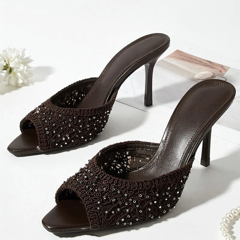 Brown Woven Mesh Slippers Peep-Toe High Heel