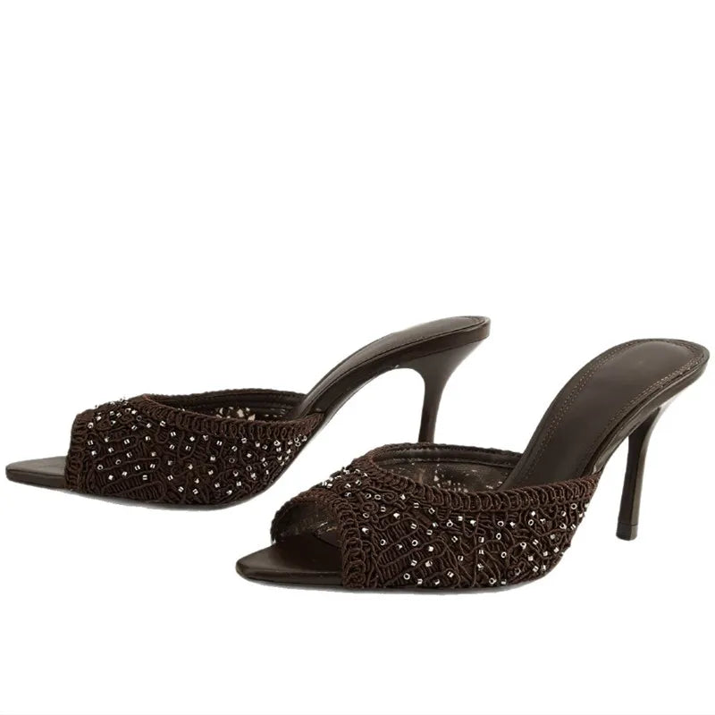 Brown Woven Mesh Slippers Peep-Toe High Heel