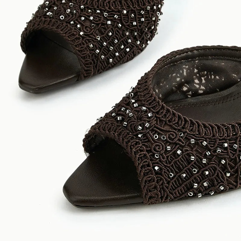 Brown Woven Mesh Slippers Peep-Toe High Heel