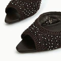 Brown Woven Mesh Slippers Peep-Toe High Heel