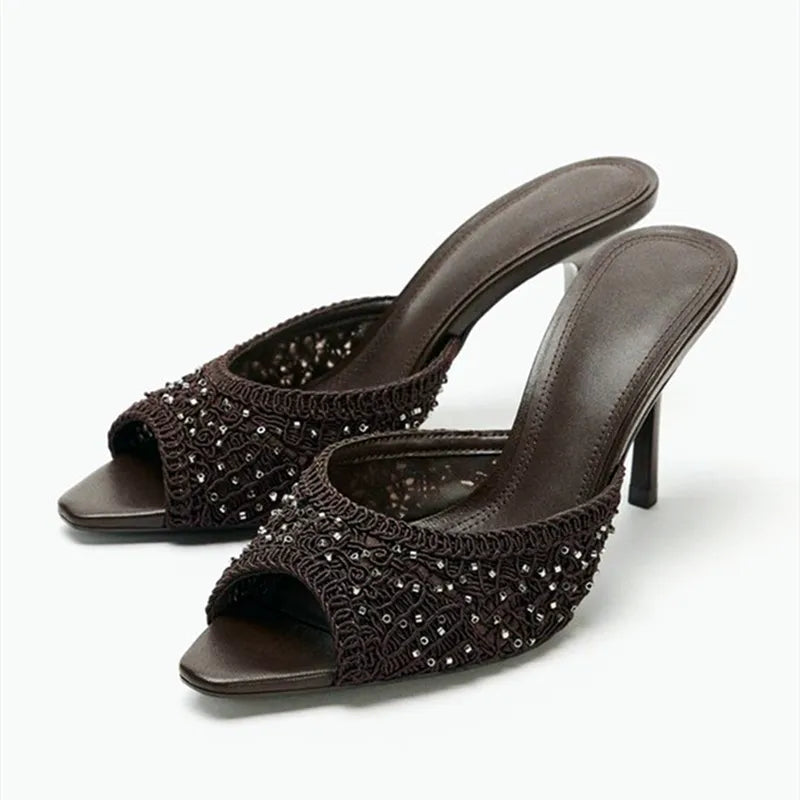 Brown Woven Mesh Slippers Peep-Toe High Heel