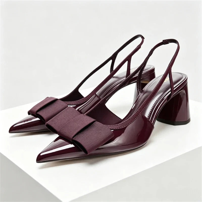 Burgundy Patent Leather Designer Pumps Pointed Toe Chunky High Heel