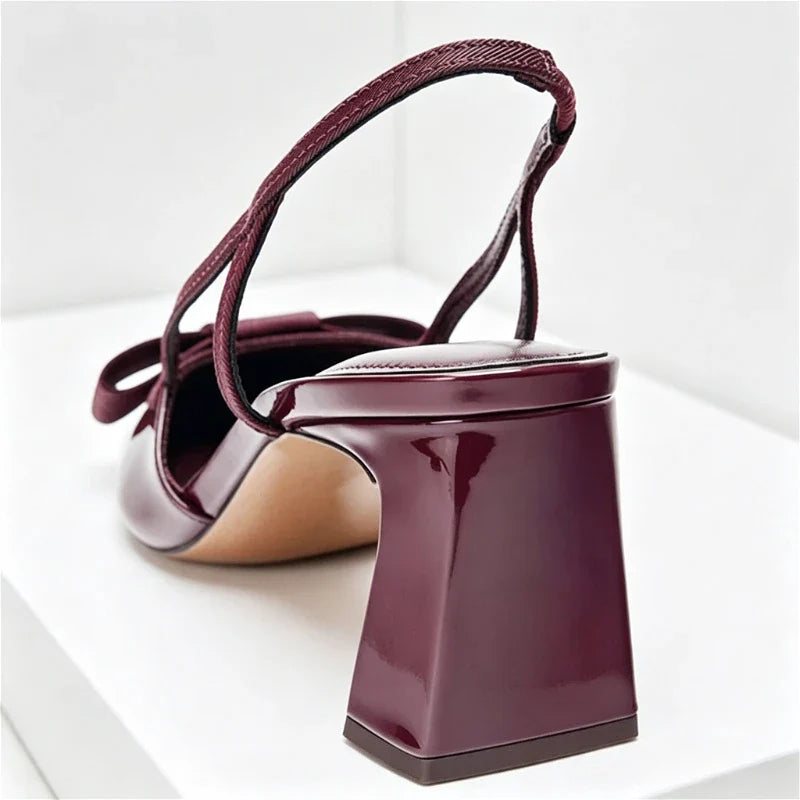 Burgundy Patent Leather Designer Pumps Pointed Toe Chunky High Heel