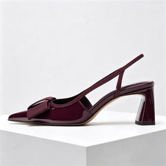 Burgundy Patent Leather Designer Pumps Pointed Toe Chunky High Heel