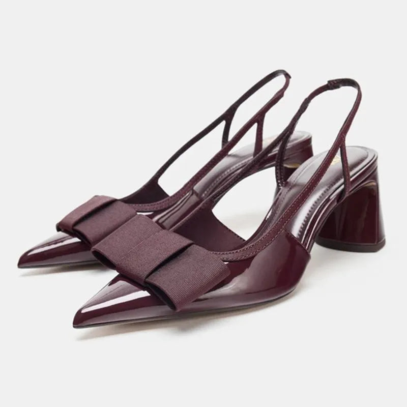 Burgundy Patent Leather Designer Pumps Pointed Toe Chunky High Heel