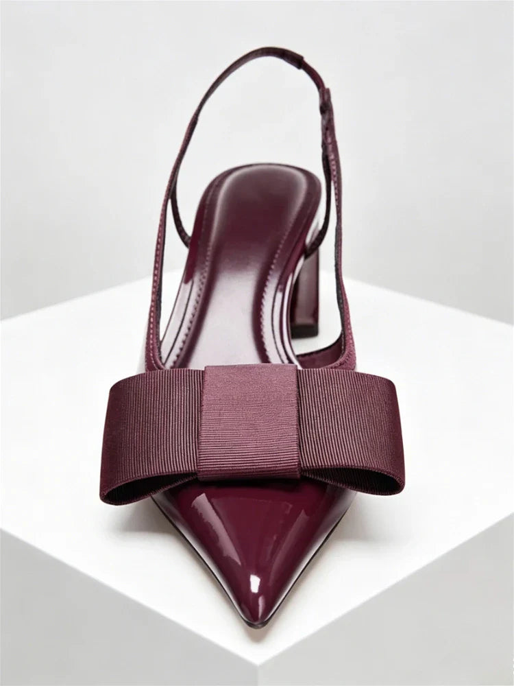 Burgundy Patent Leather Designer Pumps Pointed Toe Chunky High Heel