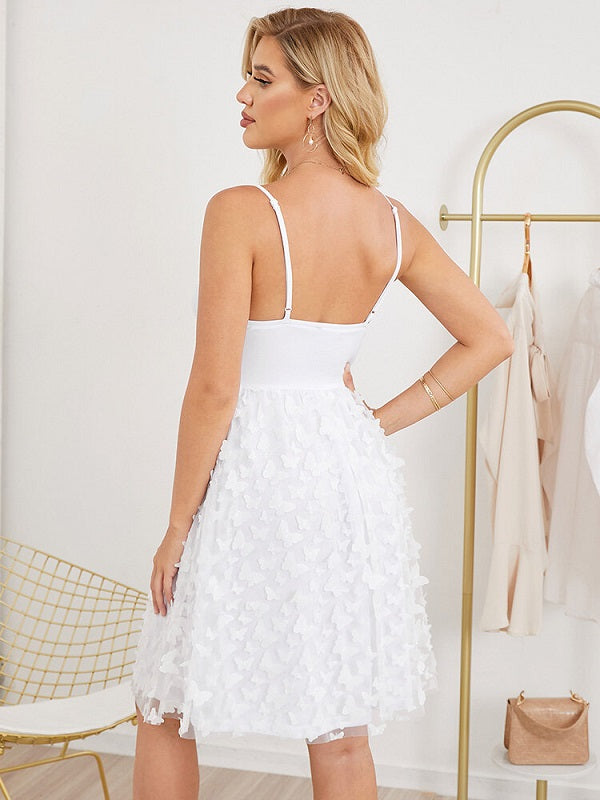 Butterfly Appliques Mesh Backless Adjustable Strap Dress