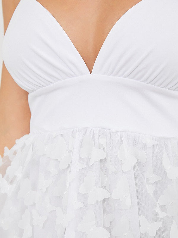 Butterfly Appliques Mesh Backless Adjustable Strap Dress