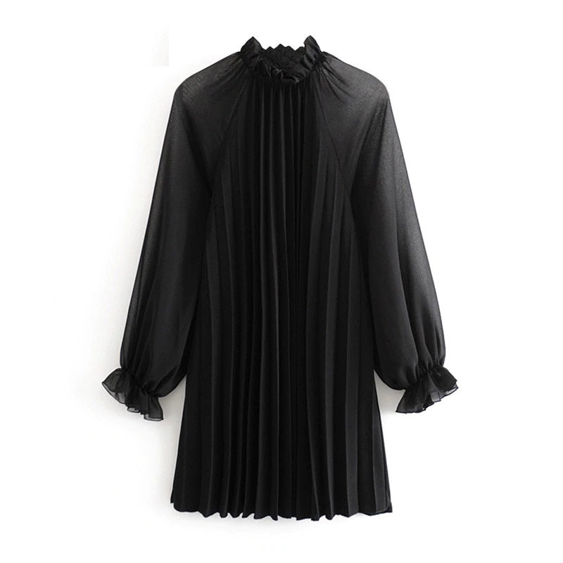 Ruffled Butterfly Long Sleeve Pleated Mini Dress