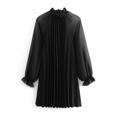 Ruffled Butterfly Long Sleeve Pleated Mini Dress