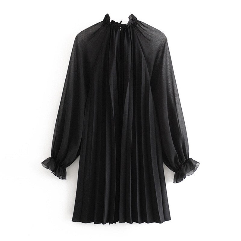 Ruffled Butterfly Long Sleeve Pleated Mini Dress