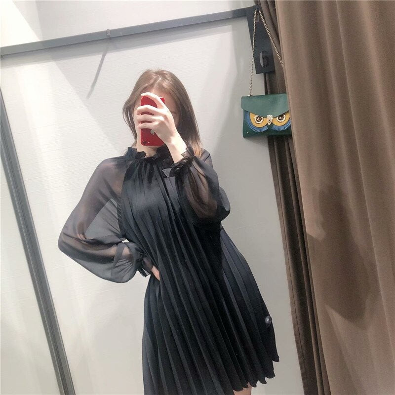 Ruffled Butterfly Long Sleeve Pleated Mini Dress