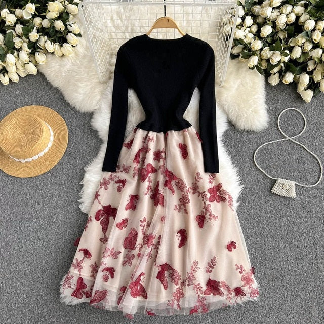Butterfly V Neck Mesh Long Sleeve Sweater Dress