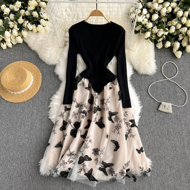 Butterfly V Neck Mesh Long Sleeve Sweater Dress