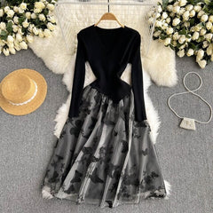 Butterfly V Neck Mesh Long Sleeve Sweater Dress