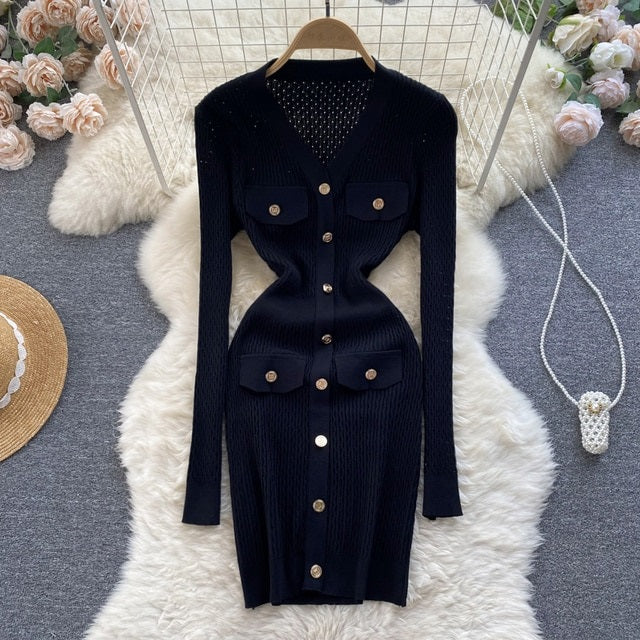 Button Casual V Neck Long Sleeve Mini Sweater Dress