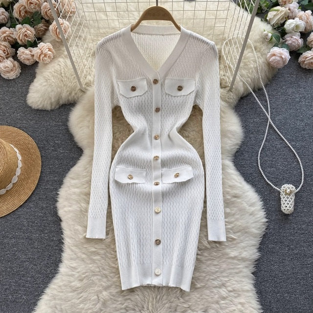 Button Casual V Neck Long Sleeve Mini Sweater Dress