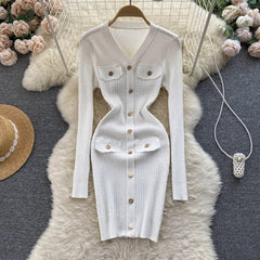 Button Casual V Neck Long Sleeve Mini Sweater Dress