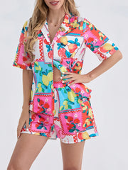Button Drawstring Boho Multicolor High Waist Knot Rompers 2 Pcs Sets