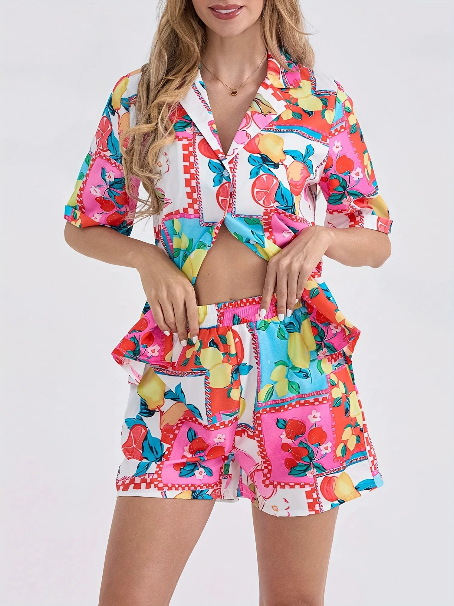 Button Drawstring Boho Multicolor High Waist Knot Rompers 2 Pcs Sets