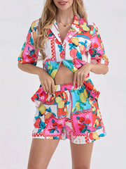 Button Drawstring Boho Multicolor High Waist Knot Rompers 2 Pcs Sets