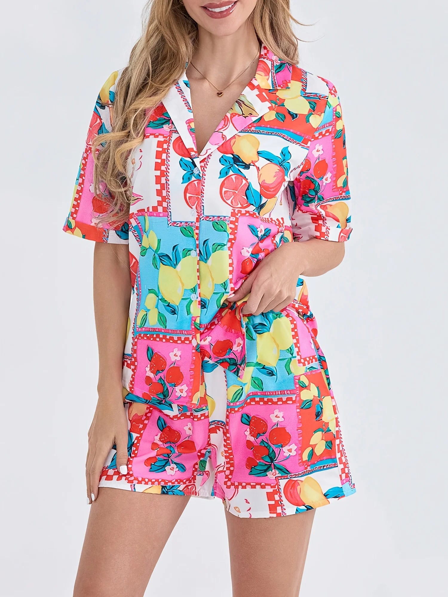 Button Drawstring Boho Multicolor High Waist Knot Rompers 2 Pcs Sets