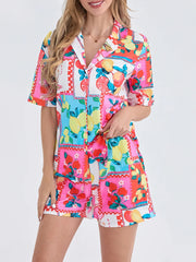 Button Drawstring Boho Multicolor High Waist Knot Rompers 2 Pcs Sets