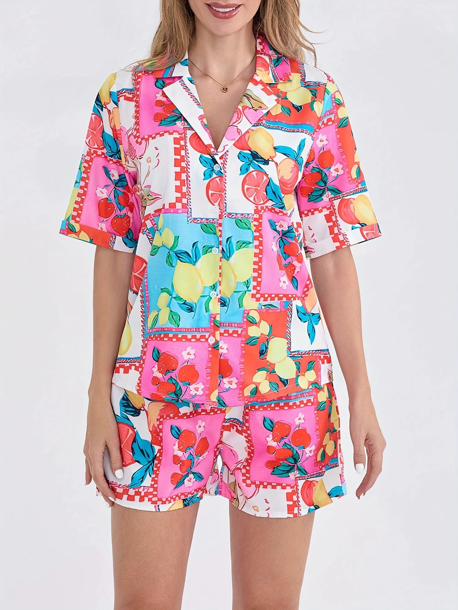 Button Drawstring Boho Multicolor High Waist Knot Rompers 2 Pcs Sets