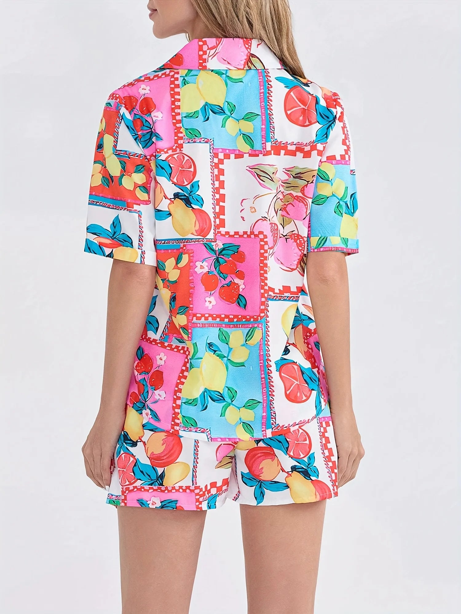 Button Drawstring Boho Multicolor High Waist Knot Rompers 2 Pcs Sets