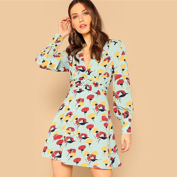 Casual A Line Button Front Deep V-Neck Floral Print Mini Dress