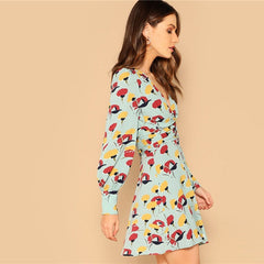 Casual A Line Button Front Deep V-Neck Floral Print Mini Dress