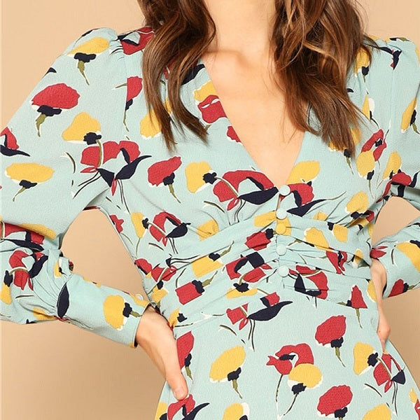 Casual A Line Button Front Deep V-Neck Floral Print Mini Dress