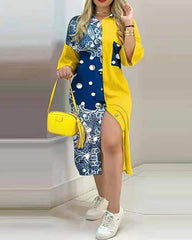 Button Front Patchwork Print Midi Dress