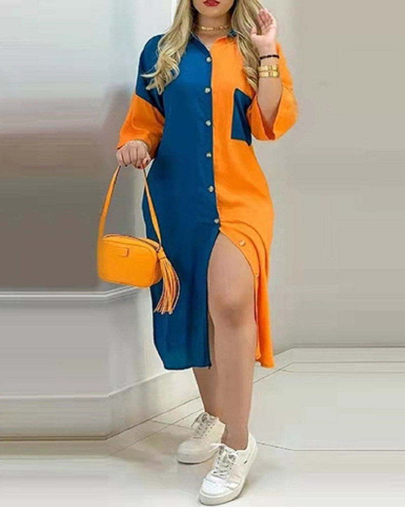 Button Front Patchwork Print Midi Dress