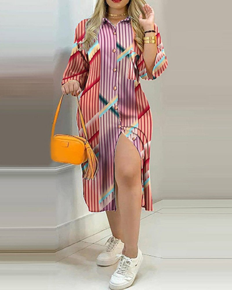 Button Front Patchwork Print Midi Dress