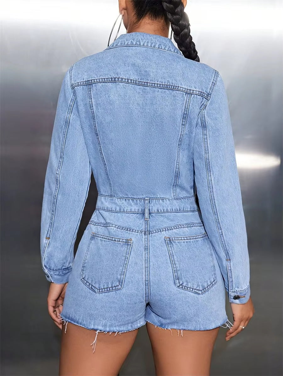 Casual Button Front Raw Hem Denim Streetwear Long Sleeve One-piece Jeans Shorts Jumpsuit
