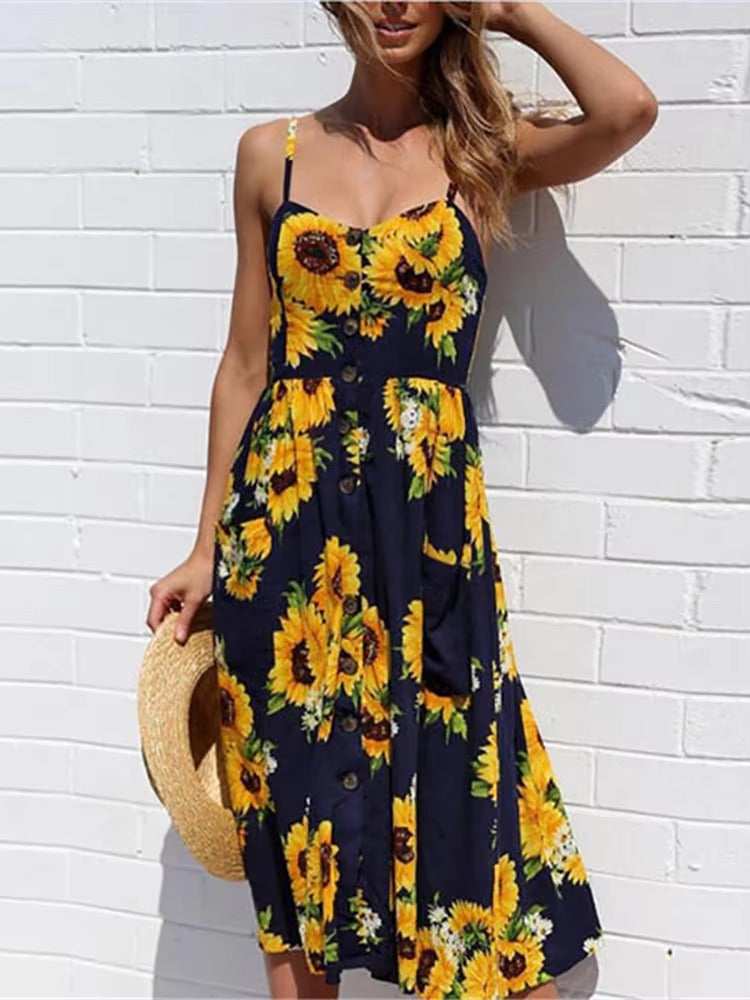 Buttons Up Striped Flower Spaghetti Strap Sleeveless A Line Midi Dresses