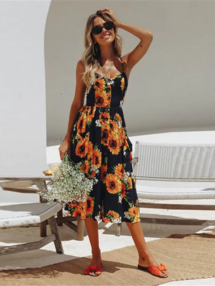 Buttons Up Striped Flower Spaghetti Strap Sleeveless A Line Midi Dresses