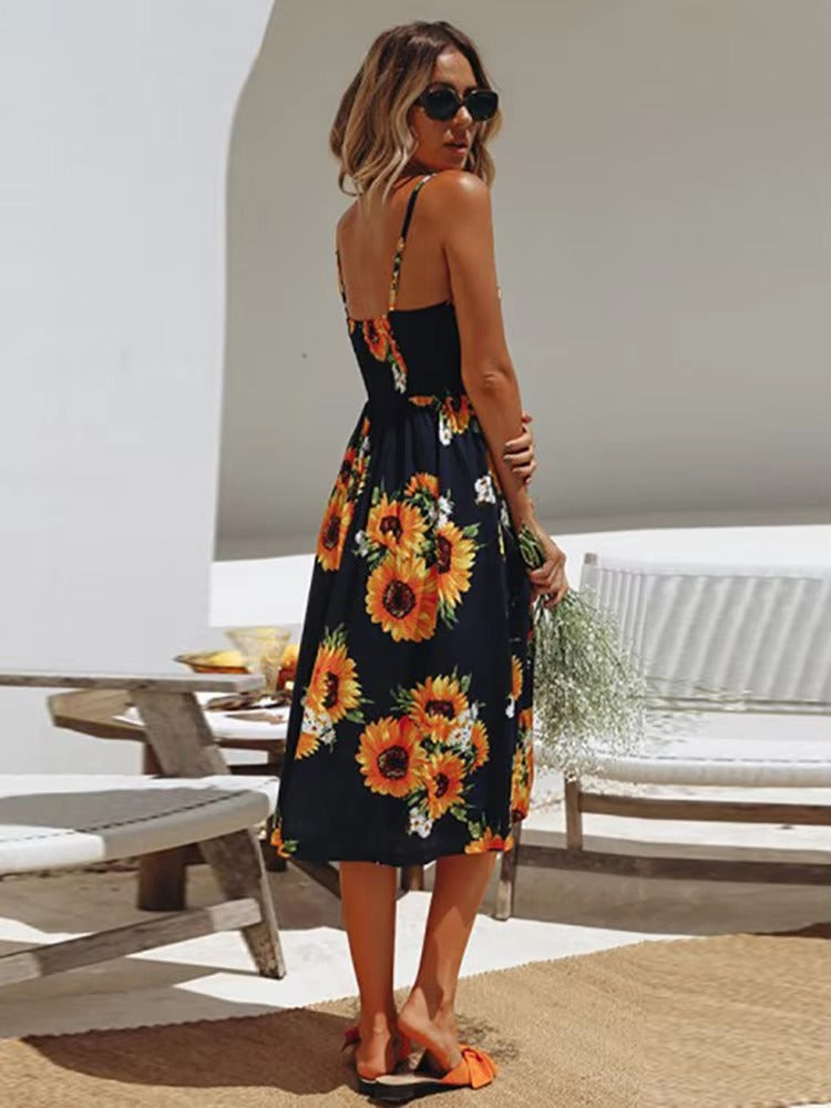 Buttons Up Striped Flower Spaghetti Strap Sleeveless A Line Midi Dresses