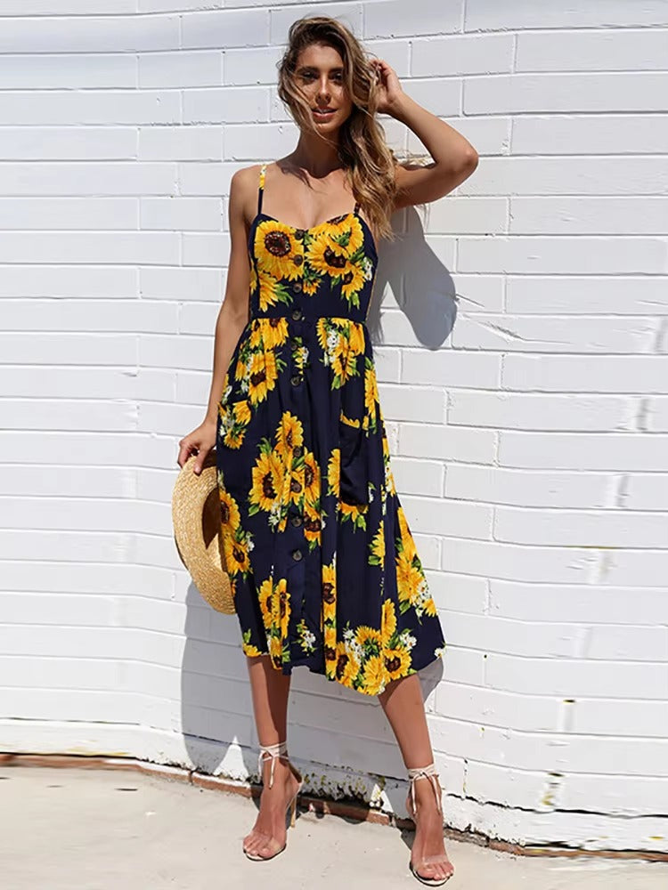 Buttons Up Striped Flower Spaghetti Strap Sleeveless A Line Midi Dresses