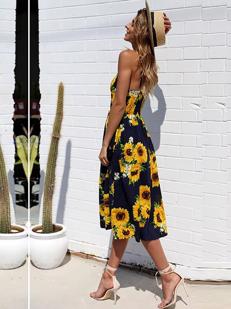 Buttons Up Striped Flower Spaghetti Strap Sleeveless A Line Midi Dresses