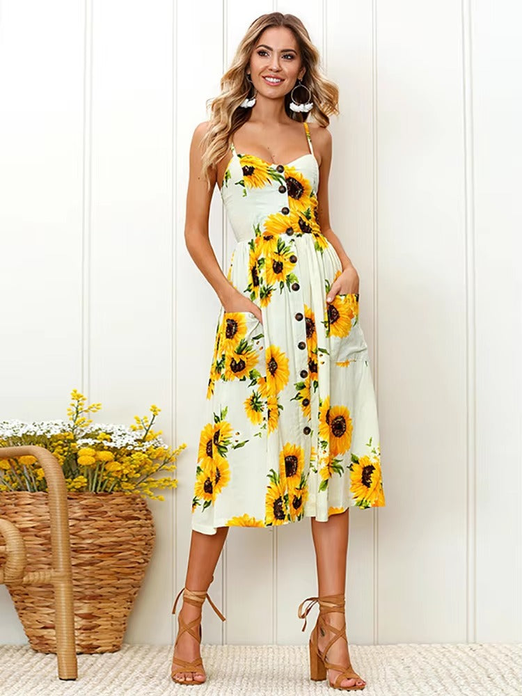 Buttons Up Striped Flower Spaghetti Strap Sleeveless A Line Midi Dresses