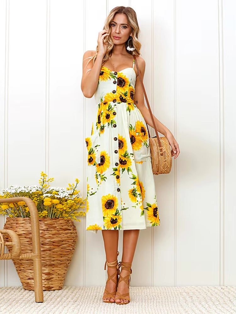 Buttons Up Striped Flower Spaghetti Strap Sleeveless A Line Midi Dresses