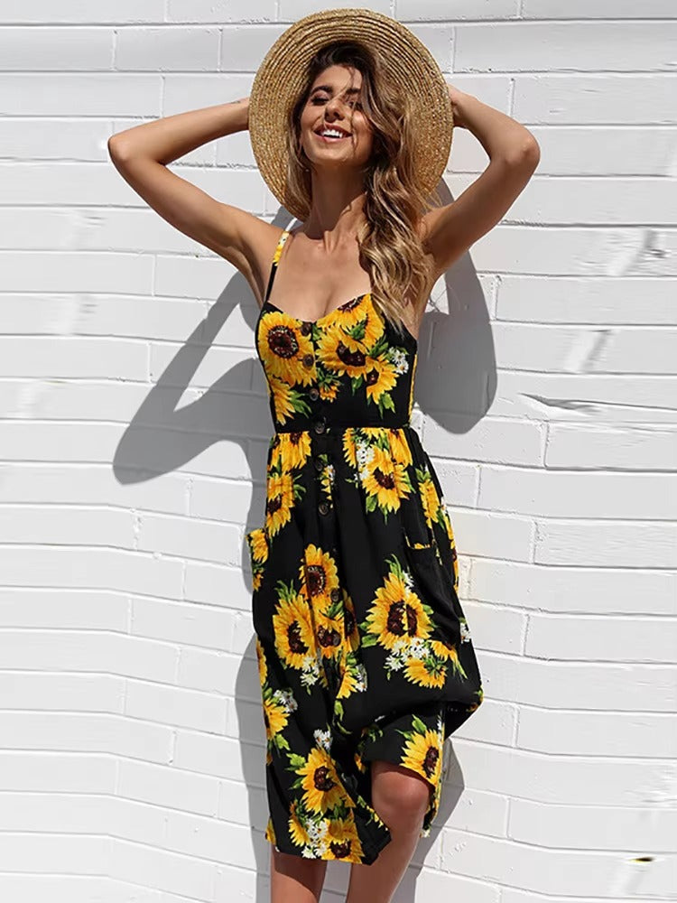 Buttons Up Striped Flower Spaghetti Strap Sleeveless A Line Midi Dresses