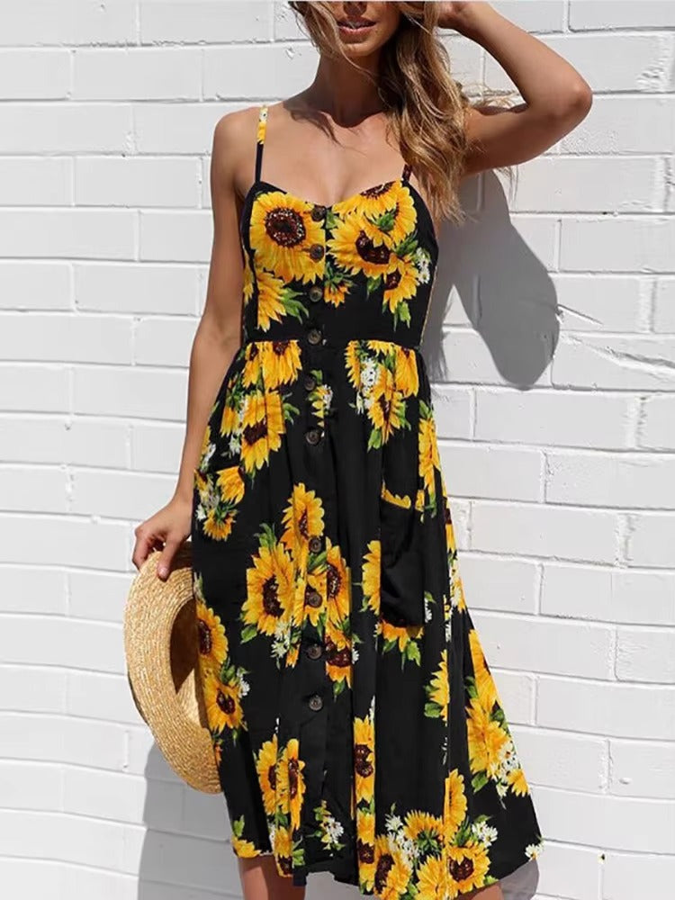 Buttons Up Striped Flower Spaghetti Strap Sleeveless A Line Midi Dresses