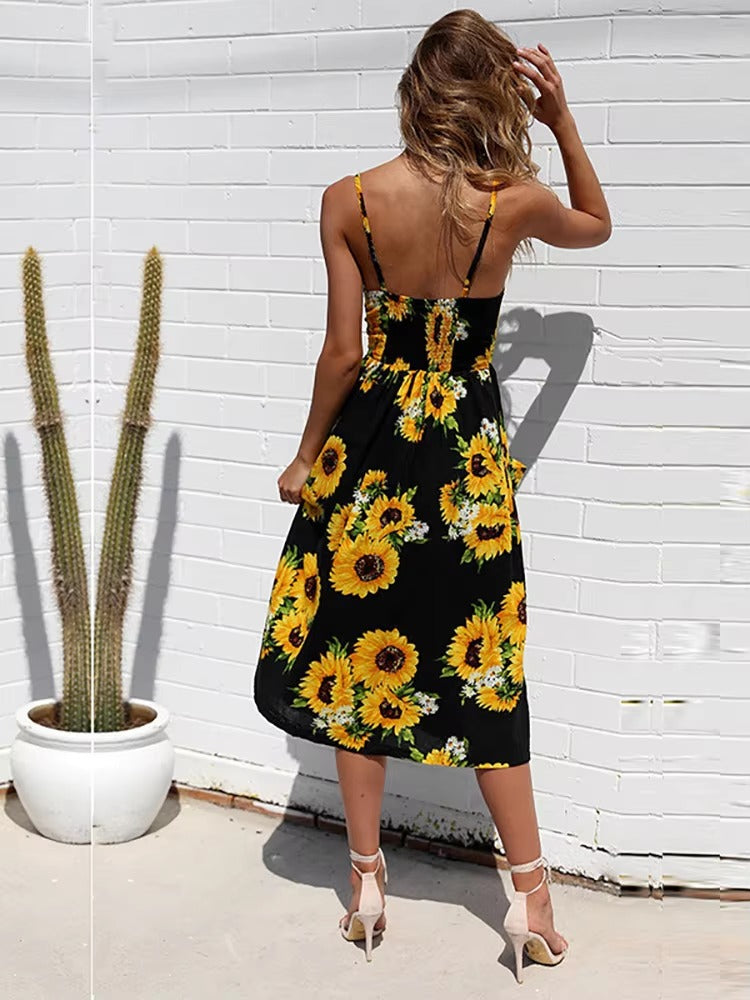 Buttons Up Striped Flower Spaghetti Strap Sleeveless A Line Midi Dresses
