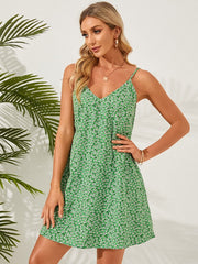 Calico Adjustable Strap A-line V-Neck Mini Dress