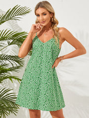 Calico Adjustable Strap A-line V-Neck Mini Dress